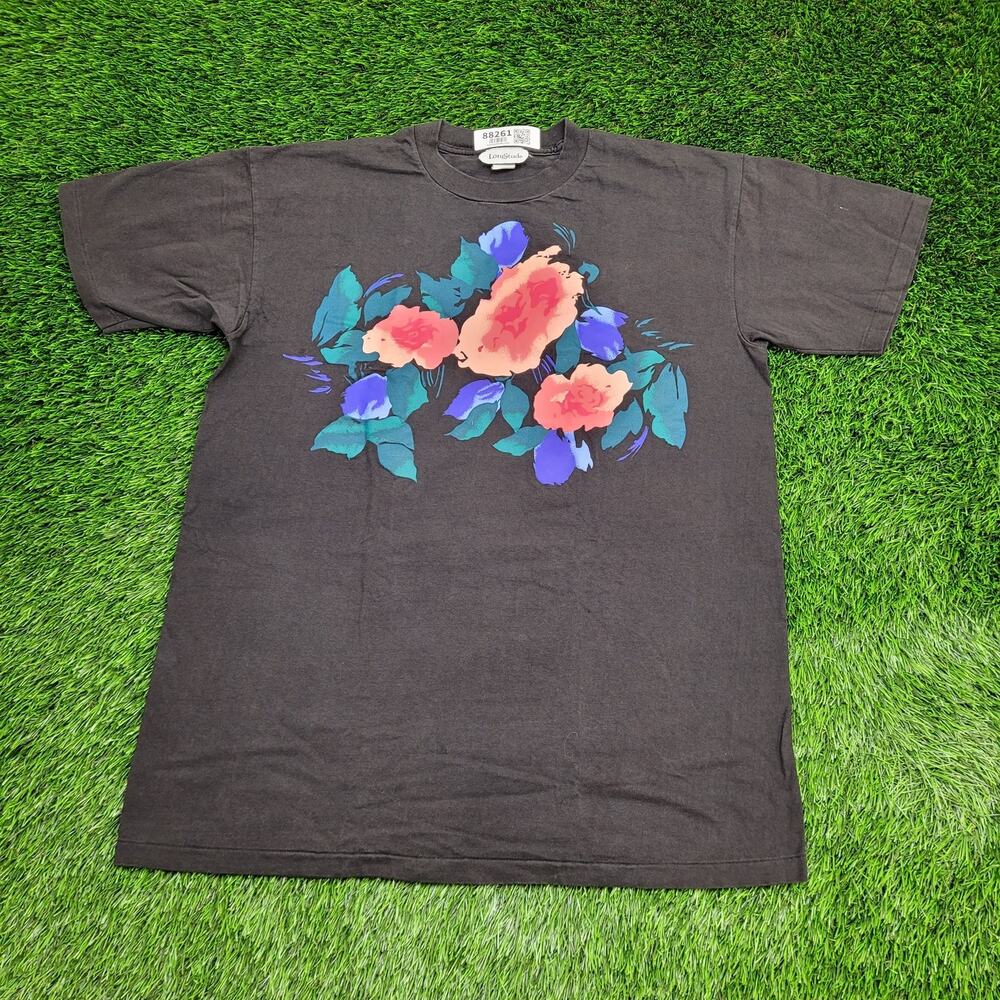 Vintage 80s Floral Rose Art Shirt Womens XL 23x30 Black USA